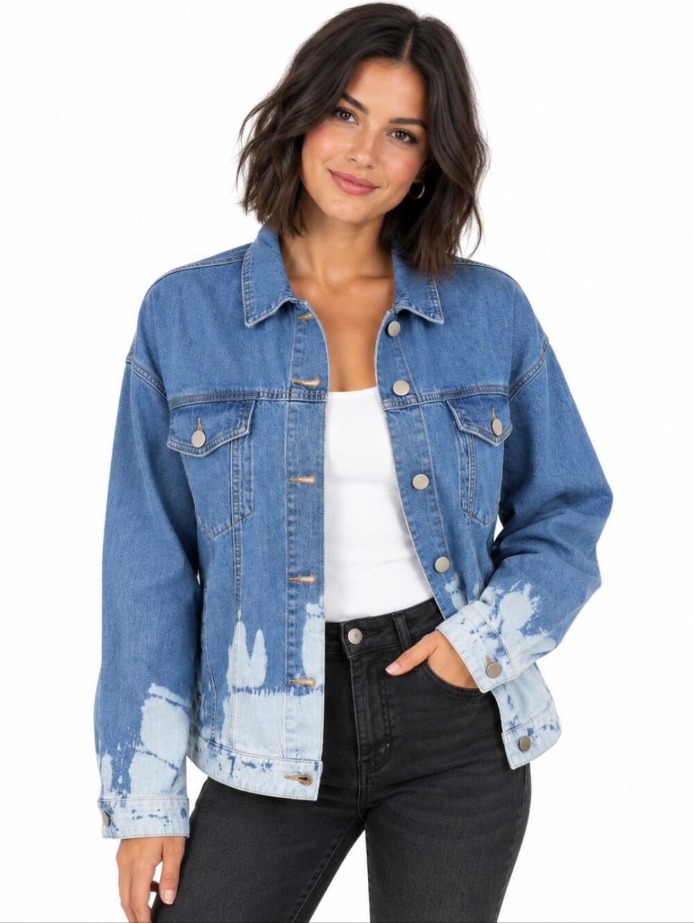 Letter To Juliet Denim Jacket L Blue White Bleached Dip Dye Oversized NWT